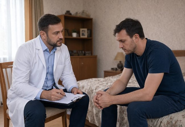 Нарколог проводит первичный осмотр в кабинете